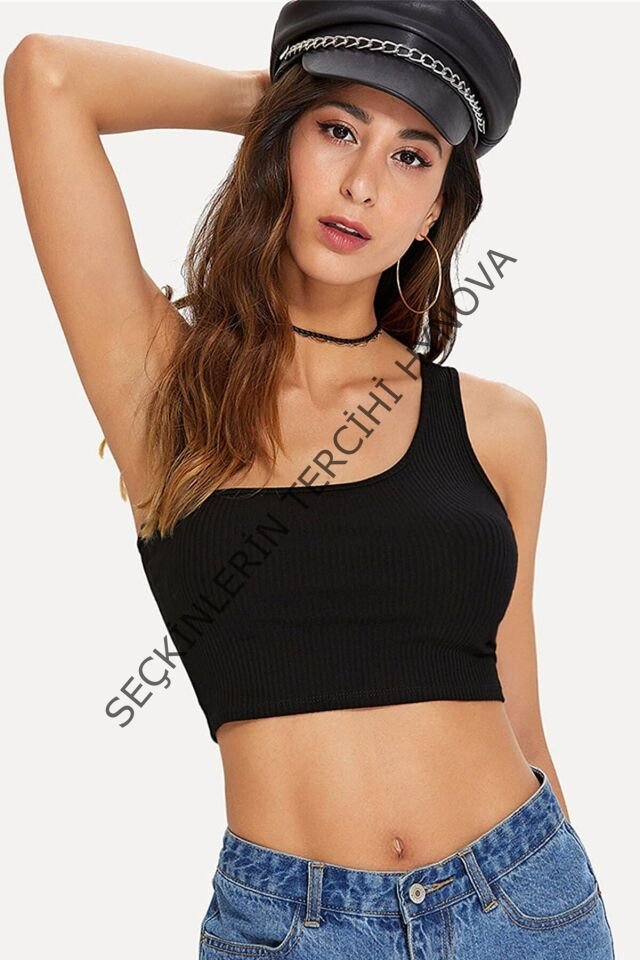 Kadın Siyah Tek Omuz Crop Büstiyer – Modern ve Şık Tasarım