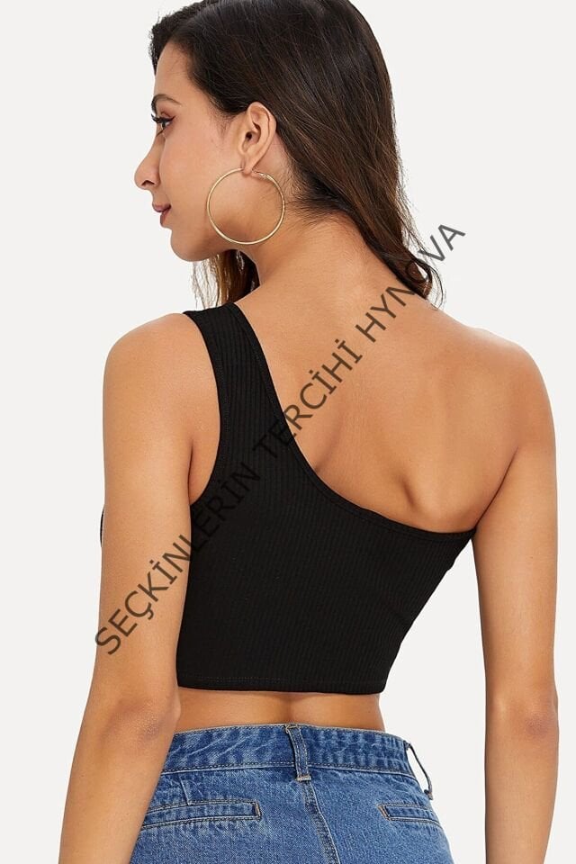 Kadın Siyah Tek Omuz Crop Büstiyer – Modern ve Şık Tasarım