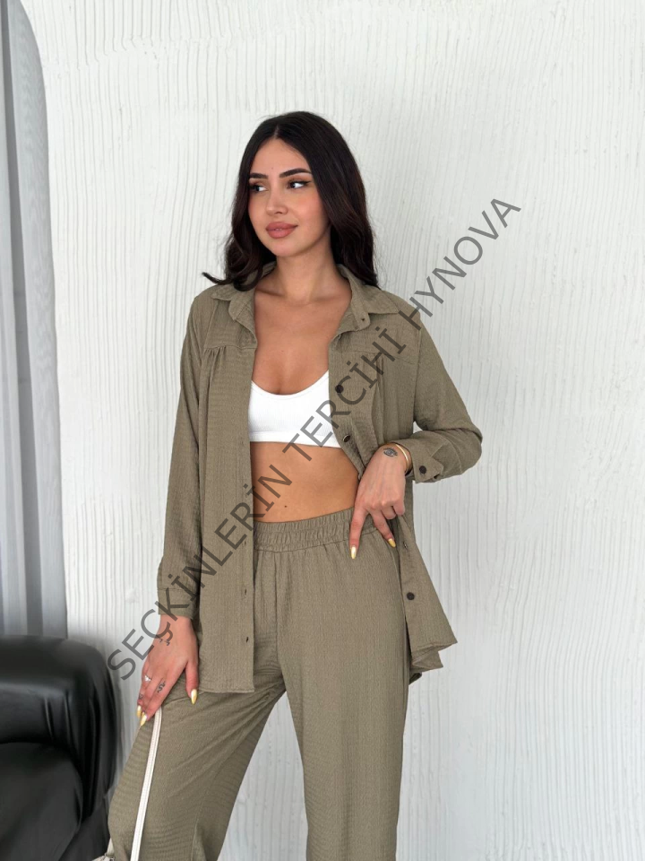 Yakalı Düğmeli Uzun Kollu Gömlek Pantolon Ikili Takım - Bej