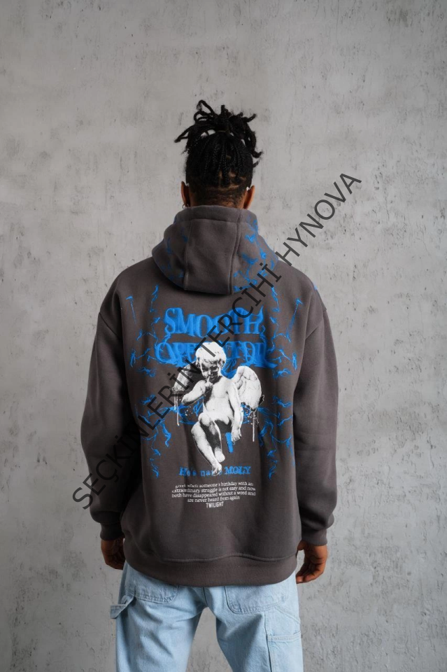 Erkek Yıldırım Baskılı Kapşonlu Sweatshirt - Gri