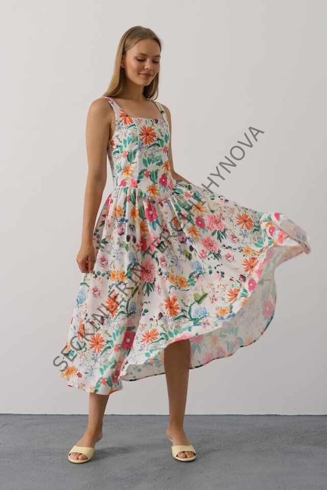 Çiçek Desenli Askılı Elbise - Pembe Çiçek