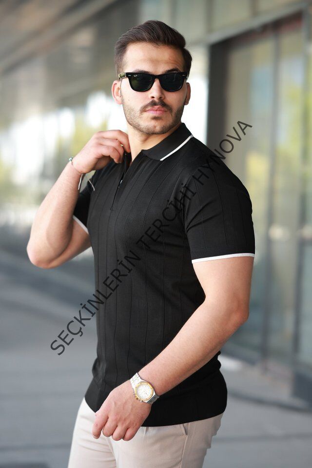 Erkek Fermuar Yakalı çizgi Dokulu Kısa Kollu Tişört