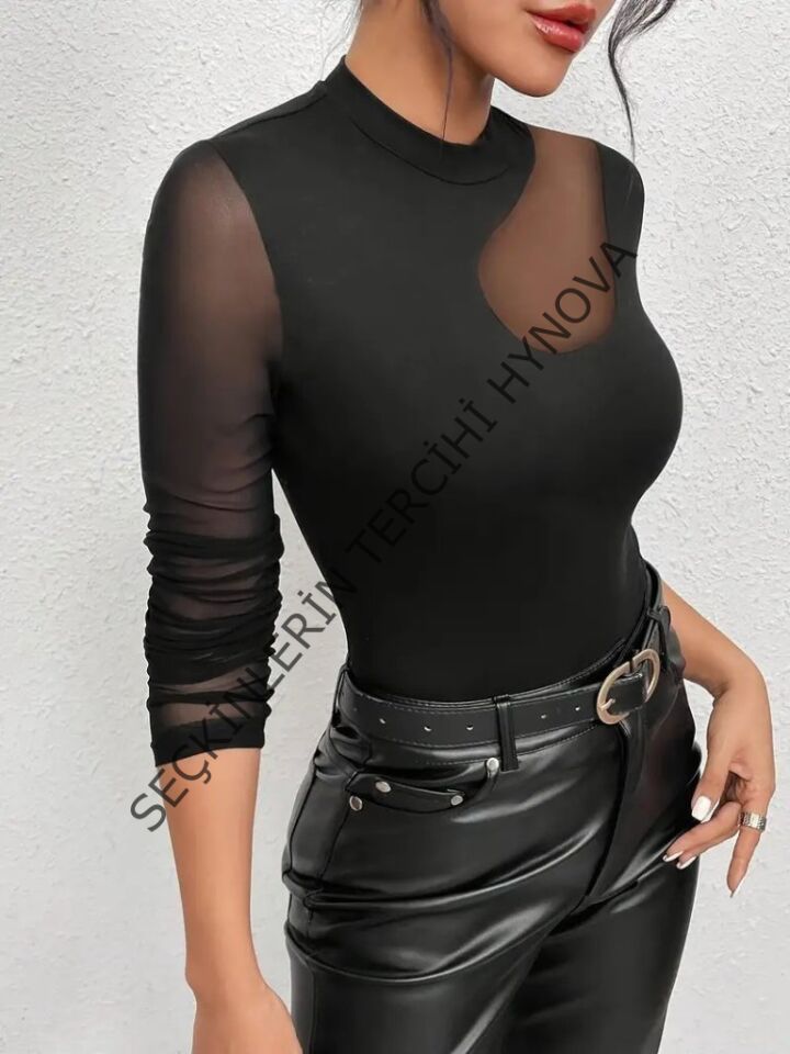 Kadın Uzun Kollu Yarı Balıkçı Yaka Kolları Tüllü Dalgıç Bluz