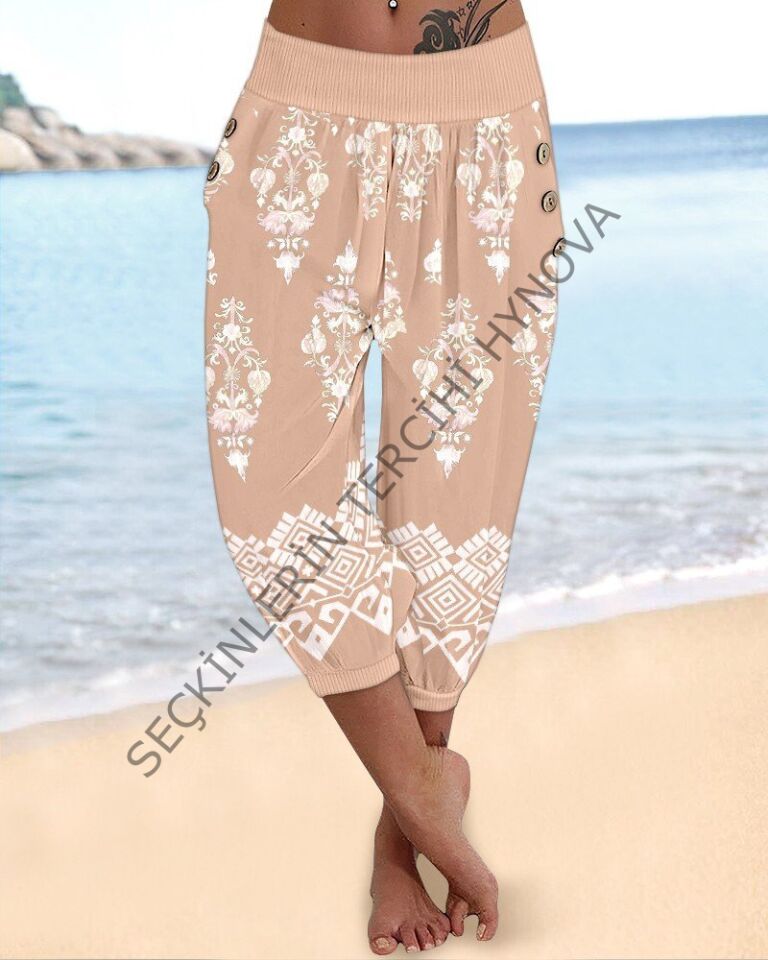 Kadın Beli Lastikli Etnik Desenli Kapri Süprem Pantolon