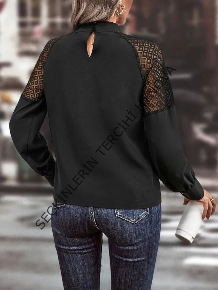 Kadın Uzun Kollu Anahtar Deliği Yaka Reglan Kol Dantel Detaylı Ithal Krep Bluz