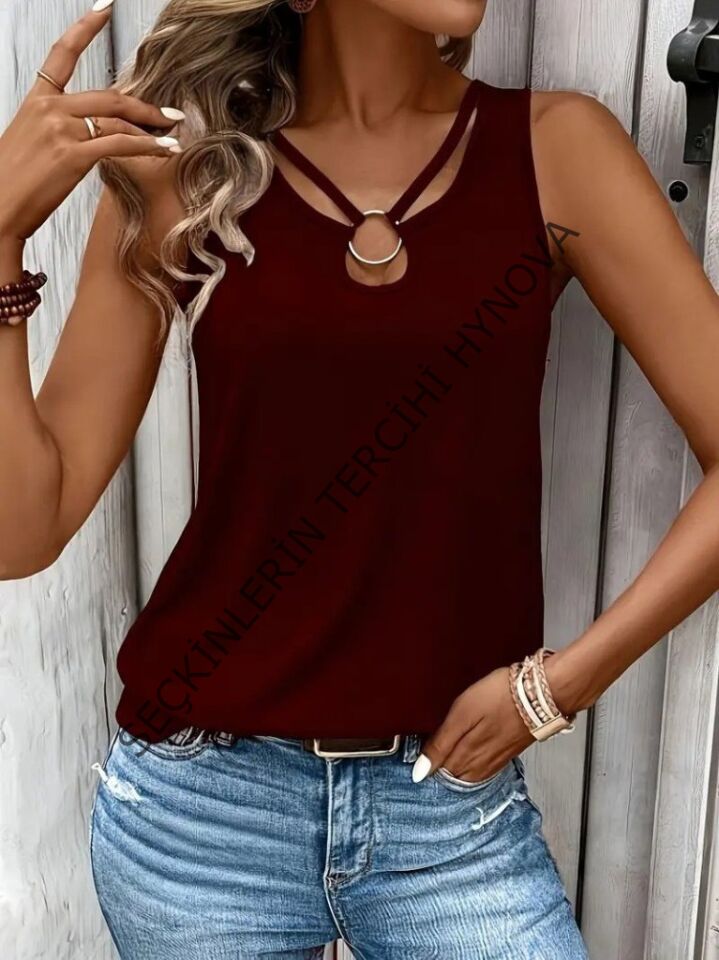 Kadın Askılı Yaka şerit Halka Detaylı Viskon Bluz