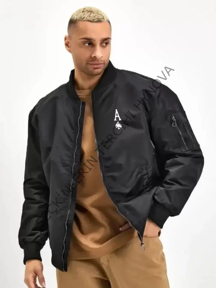 Unisex Uzun Kol Baskılı Bomber Ceket - Siyah