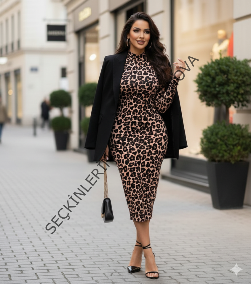 Kadın Uzun Kollu Balıkçı Yaka Leopar Desenli Midi Boy Elbise