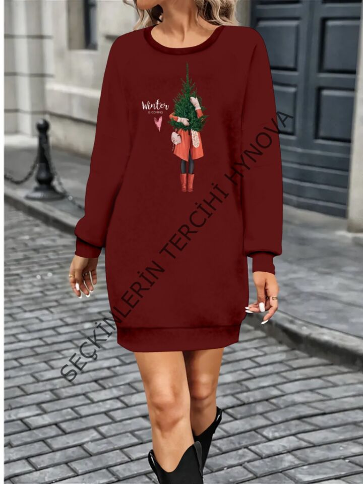 Kadın Uzun Kollu Bisiklet Yaka Desenli Kısa Viskon Iki Iplik Elbise