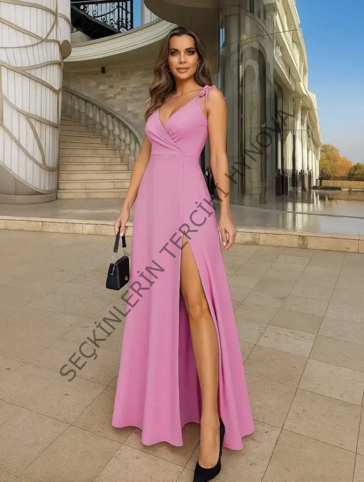 Kadın Askılı Omuzdan Bağlamalı Kruvaze Yakalı Uzun Yırtmaçlı Janjan Krep Elbise