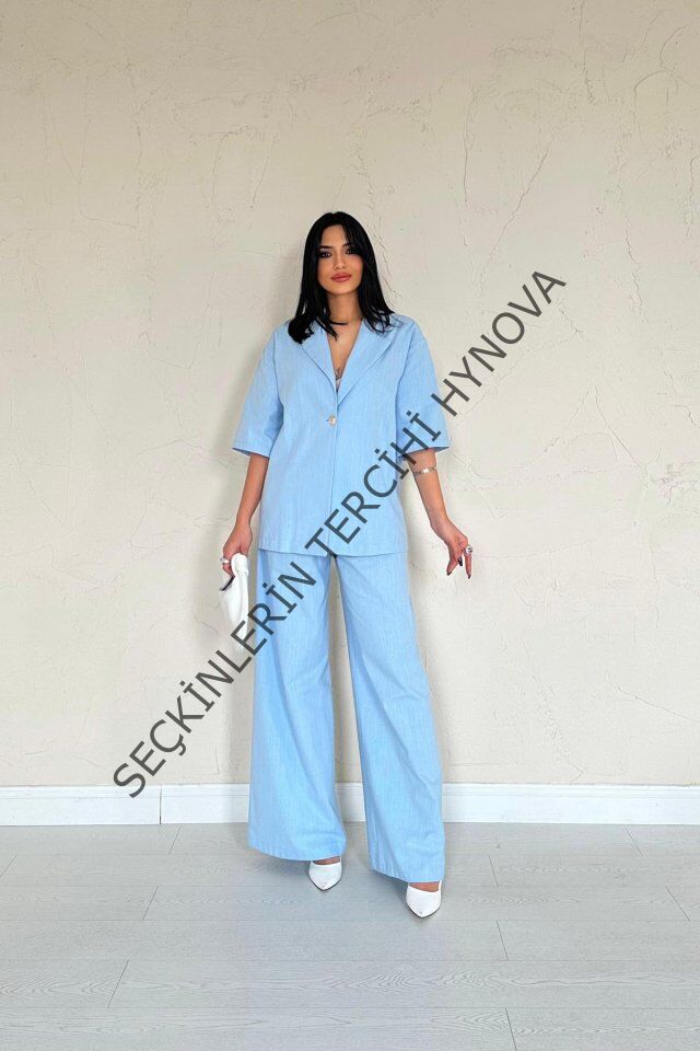 Mavi Önü Tek Düğmeli Ceket Pantolon Takım