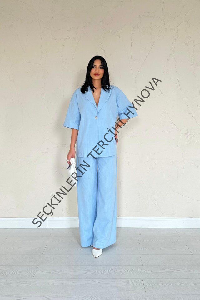 Mavi Önü Tek Düğmeli Ceket Pantolon Takım