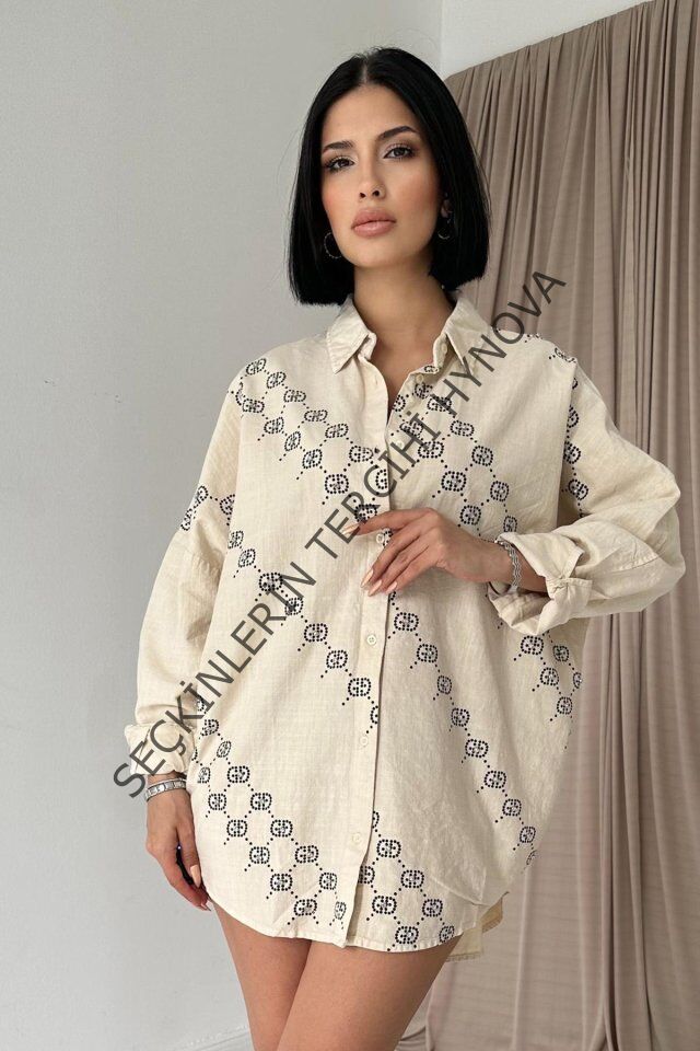 Bej Boyamalı Keten Baskılı Taşlı Gömlek