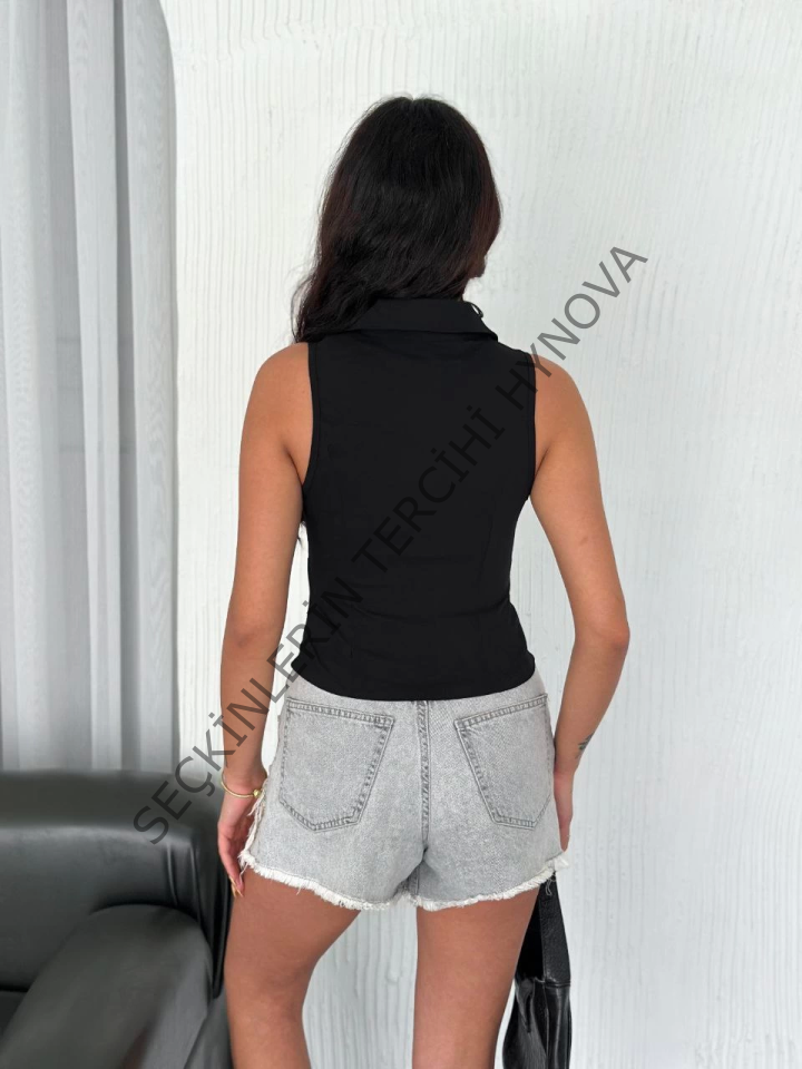 Yakalı Tam Fermuarlı Kolsuz Bluz - Siyah