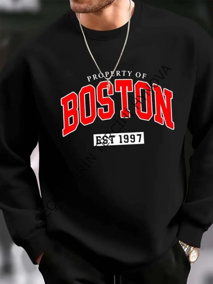 Erkek Uzun Kollu Bisiklet Yaka Boston Yazılı Iki Iplik Sweat
