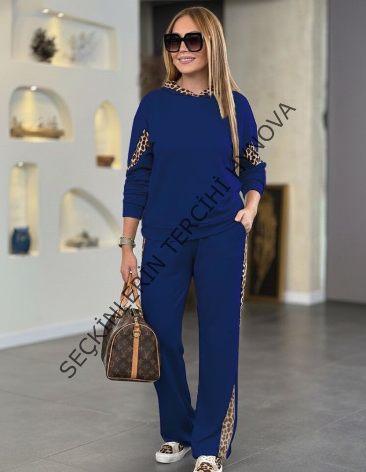 Kadın Uzun Kollu Leopar Detaylı Viskon Iki Iplik Eşofman Takımı