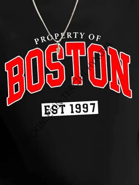 Erkek Uzun Kollu Bisiklet Yaka Boston Yazılı Iki Iplik Sweat