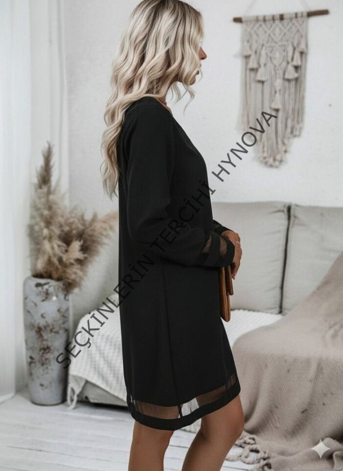 Kadın Uzun Kollu V Yakalı Tül şerit Detaylı Mini Krep Elbise