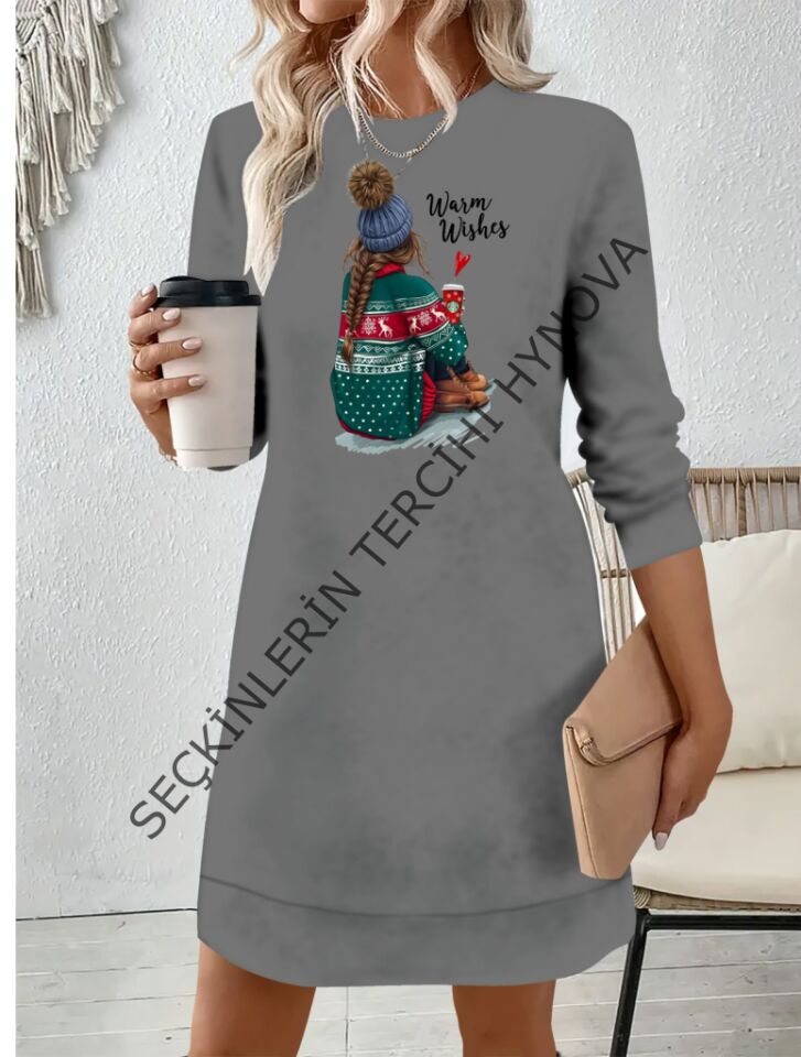 Kadın Uzun Kollu Bisiklet Yaka Desenli Viskon Iki Iplik Elbise