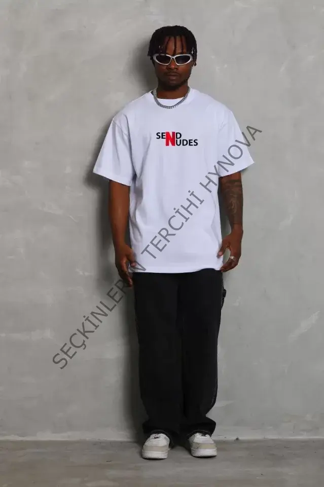 Unisex Bisiklet Yaka Double Oversize Baskılı T-Shirt - Beyaz