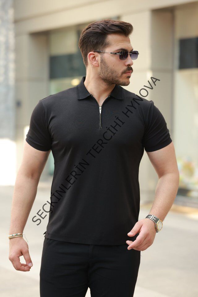 Erkek Deri Panel Detaylı Fermuar Yakalı Kısa Kollu Tişört