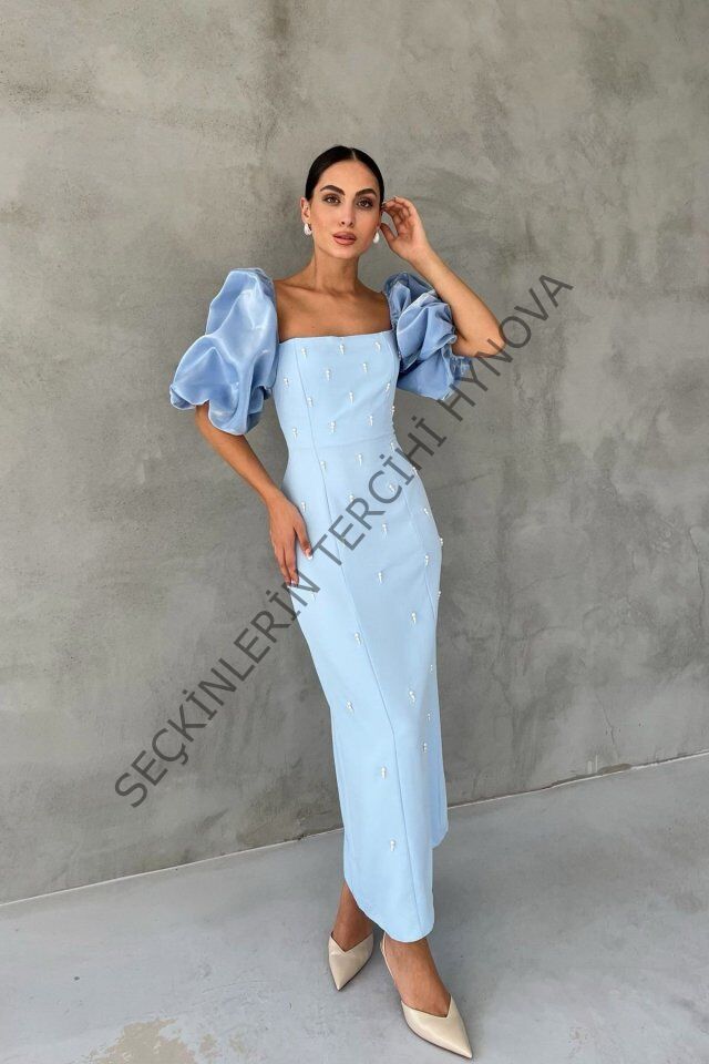 Bebe Mavi İşlemeli Kolu Garnili Elbise