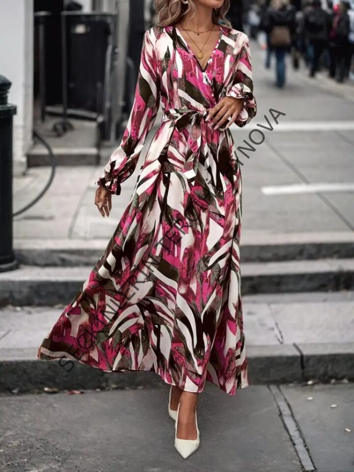 Kadın Uzun Kollu Kruvaze Yaka Belden Kuşaklı Desenli Süprem Elbise