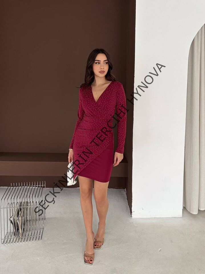 Kadın Uzun Kollu Taş Detay Mini Kruvaze Elbise