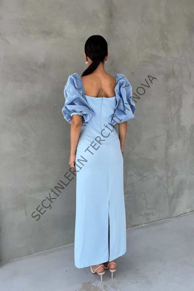 Bebe Mavi İşlemeli Kolu Garnili Elbise