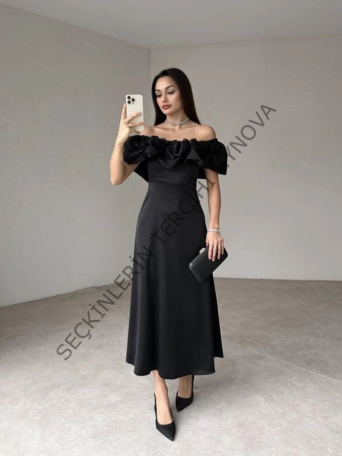 Siyah Omuz Büzgülü Saten Elbise