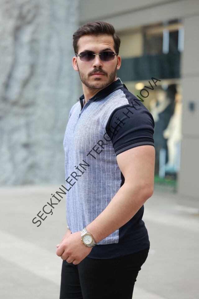 Erkek Fermuar Yakalı çizgili Kısa Kollu Tişört