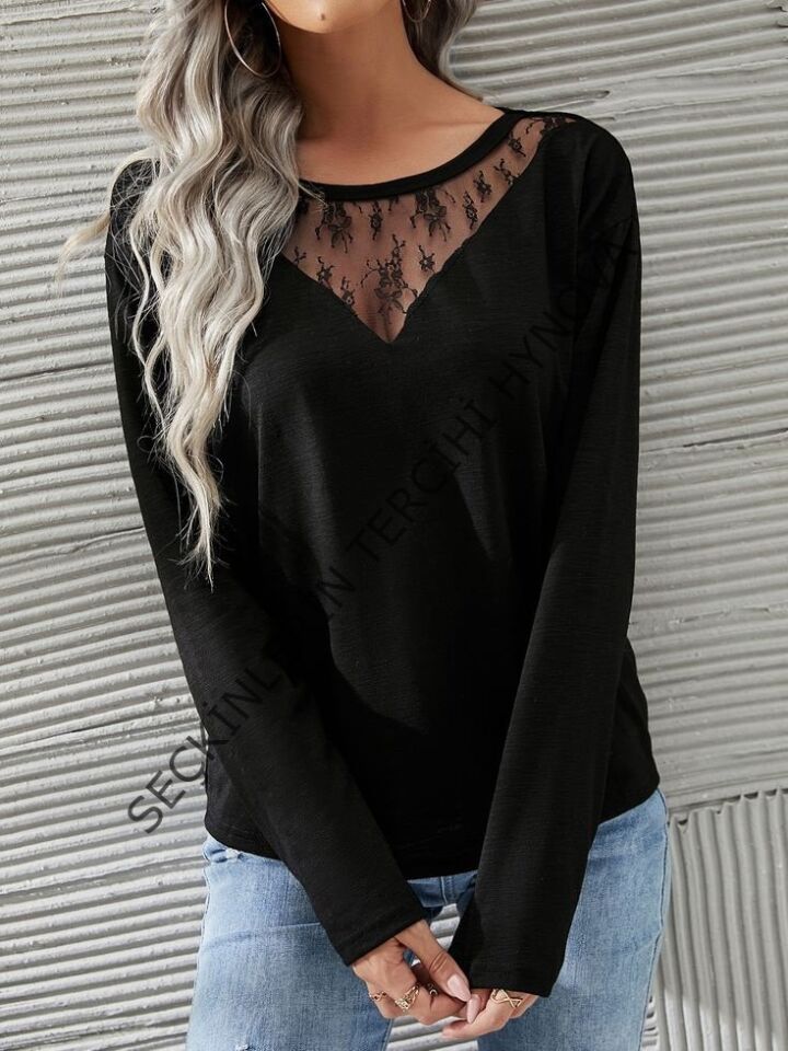 Kadın Uzun Kollu Geniş Yuvarlak Yaka Dantelli Viskon Iki Iplik Bluz