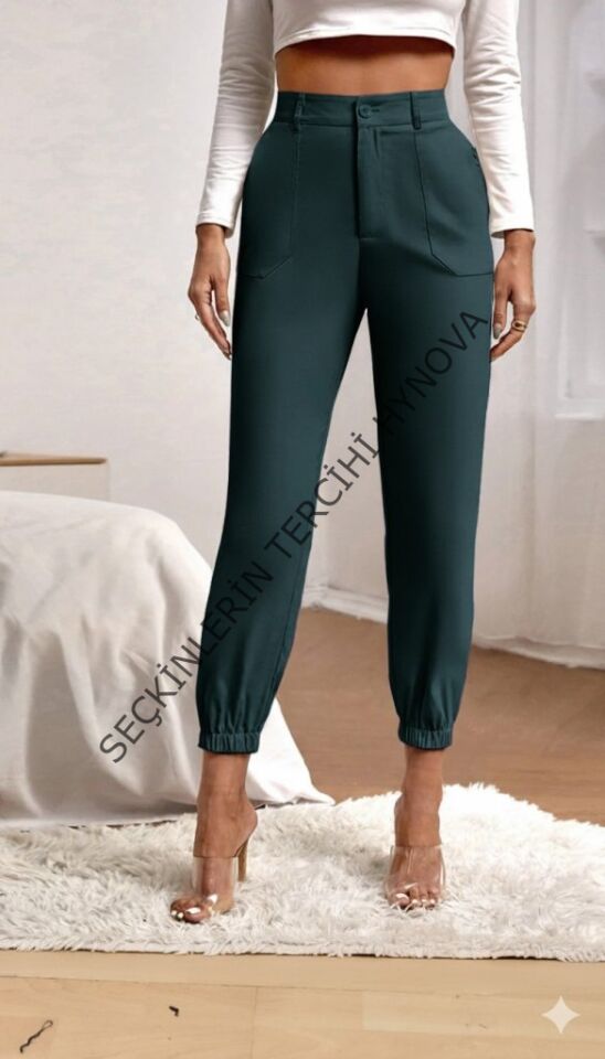 Kadın Yüksek Bel Cepli Paçası Lastikli Ithal Krep Pantolon