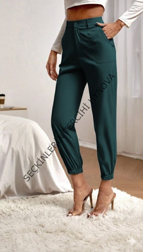 Kadın Yüksek Bel Cepli Paçası Lastikli Ithal Krep Pantolon