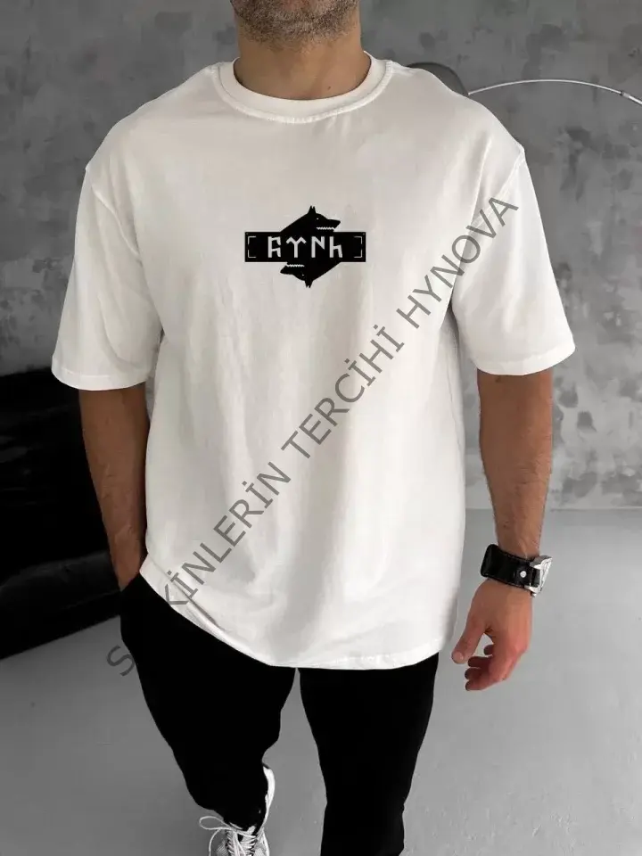 Unisex Bisiklet Yaka Baskılı Double Oversize T-Shirt - Beyaz