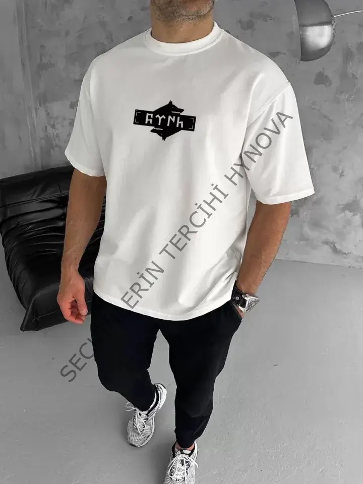 Unisex Bisiklet Yaka Baskılı Double Oversize T-Shirt - Beyaz