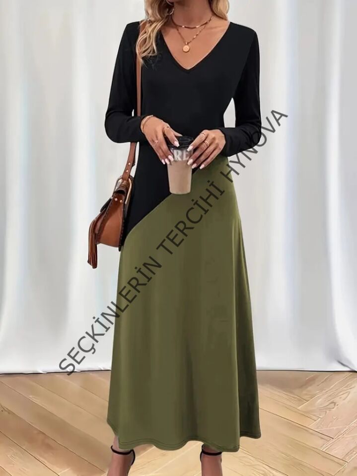 Kadın Uzun Kollu V Yakalı Blok Desenli Viskon Elbise