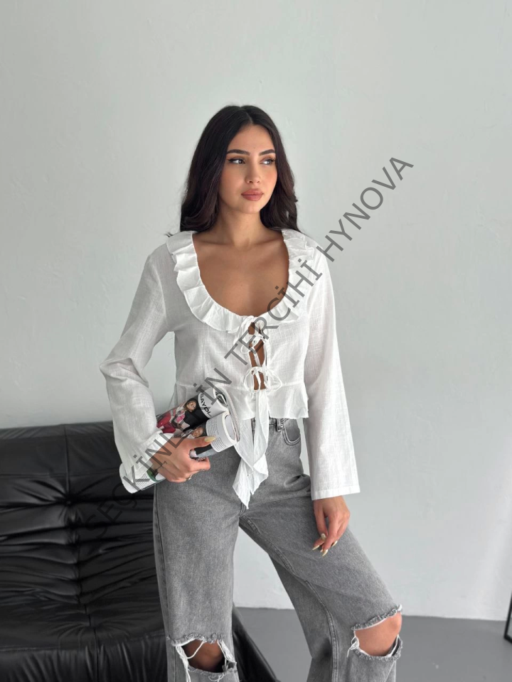 Keten Uzun Kol Bağacık Detaylı Bluz - Beyaz