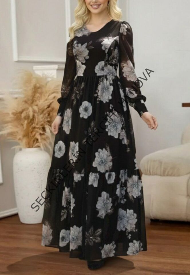 Kadın Uzun Kollu V Yakalı çiçek Desenli Maxi Süprem Elbise