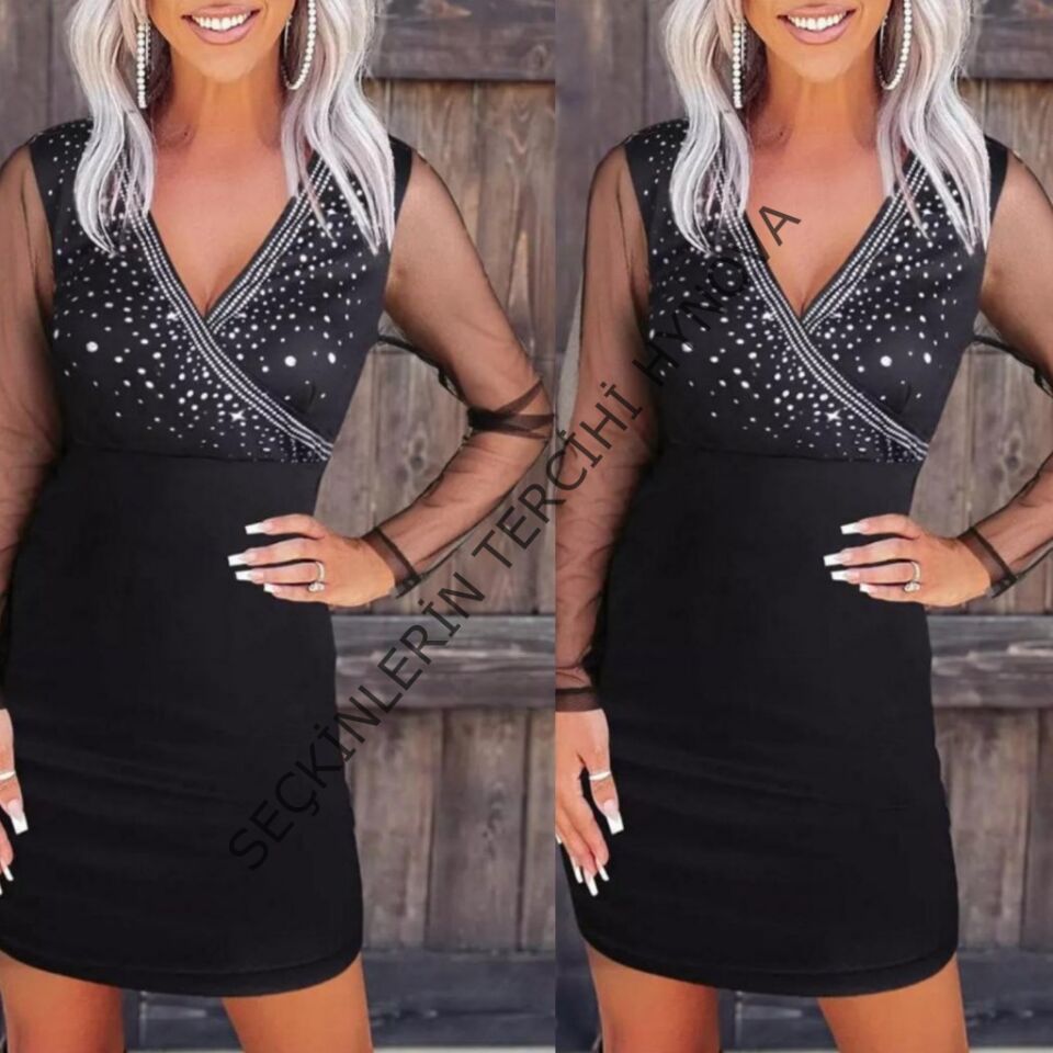 Kadın Uzun Kollu Kruvaze Yaka üst Kısım Taşlı Detay Krep Mini Boy Elbise