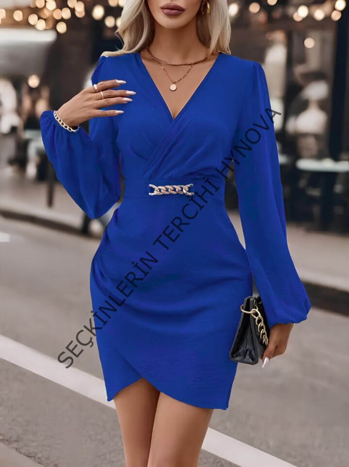 Kadın Uzun Kollu Kruvaze Yaka Yandan Büzgülü Asimetrik Detaylı Ithal Krep Mini Elbise