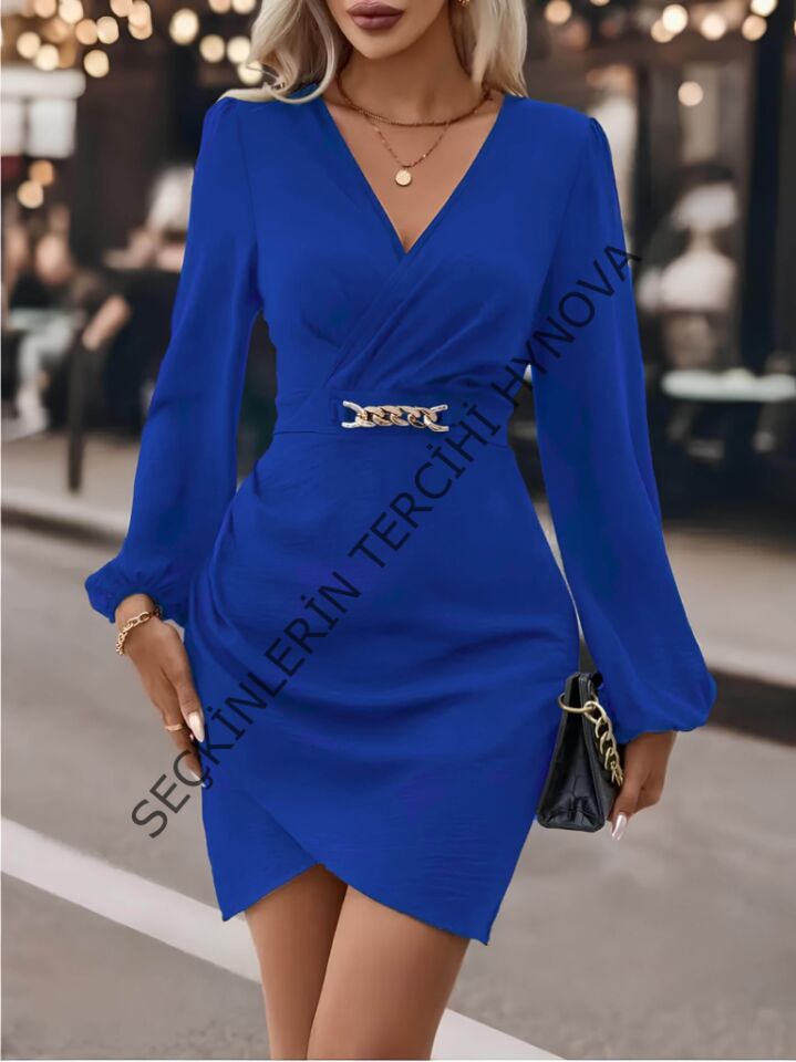 Kadın Uzun Kollu Kruvaze Yaka Yandan Büzgülü Asimetrik Detaylı Ithal Krep Mini Elbise