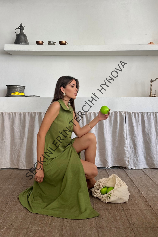 KETEN ÖNDEN DÜĞMELİ KOLSUZ GÖMLEK YAKA ELBİSE - Yağ Yeşili