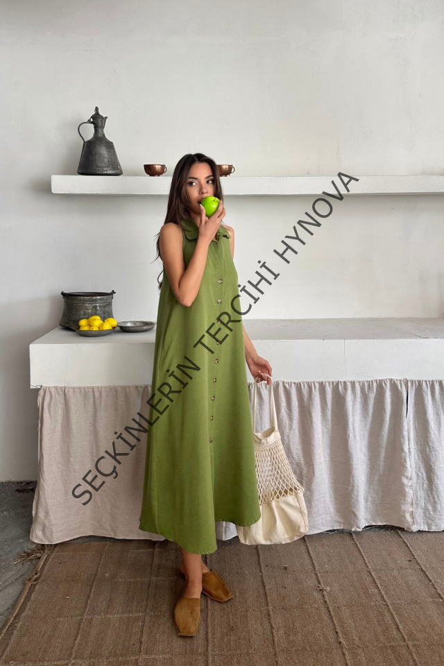 KETEN ÖNDEN DÜĞMELİ KOLSUZ GÖMLEK YAKA ELBİSE - Yağ Yeşili