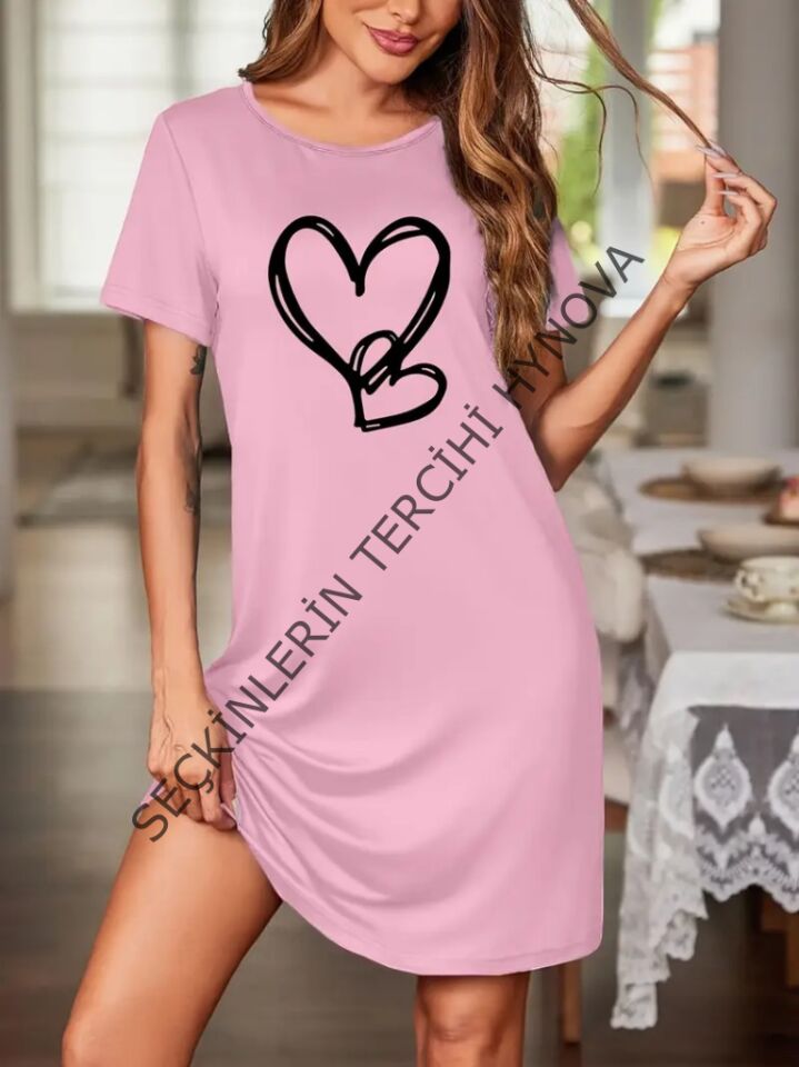 Kadın Kısa Kollu Bisiklet Yaka Kalp Desenli Viskon Elbise