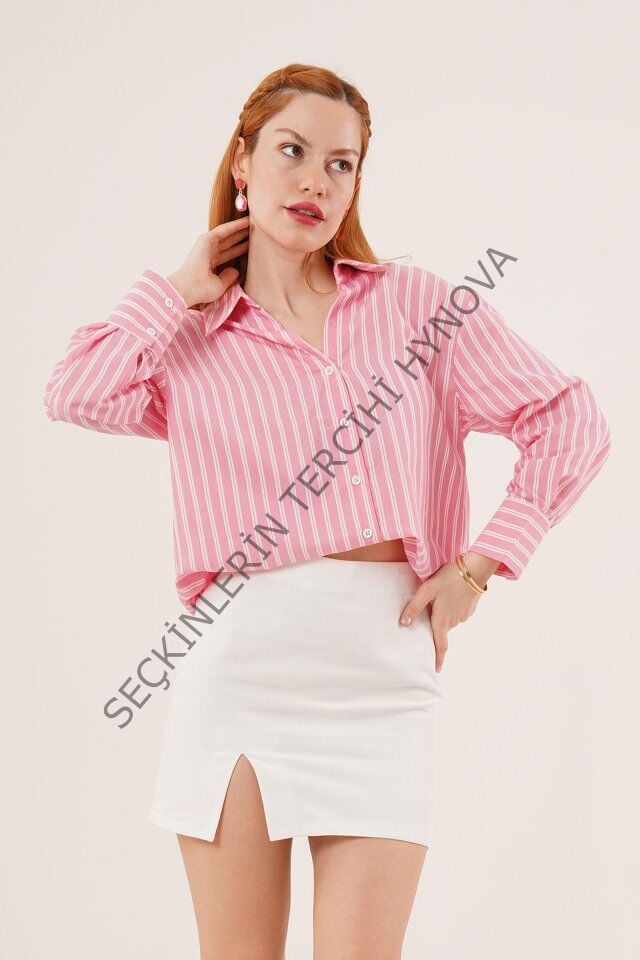 Çift Çizgi Geçişli Düğmeli Pembe Gömlek