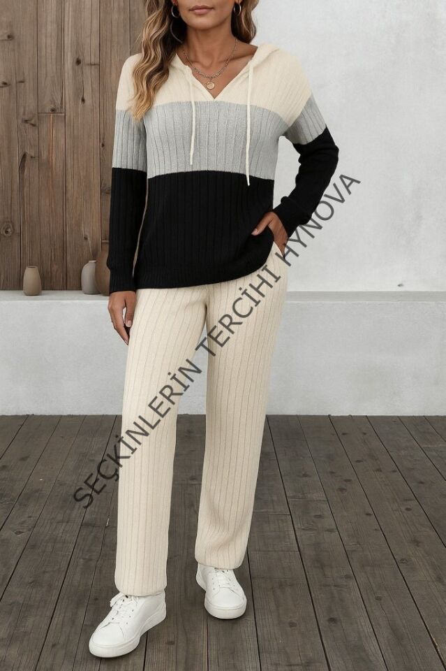 Kadın Uzun Kollu Kapşonlu Bağcıklı Blok Renkli şardonlu Kaşkorse Bluz Ve Pantolon Ikili Takım