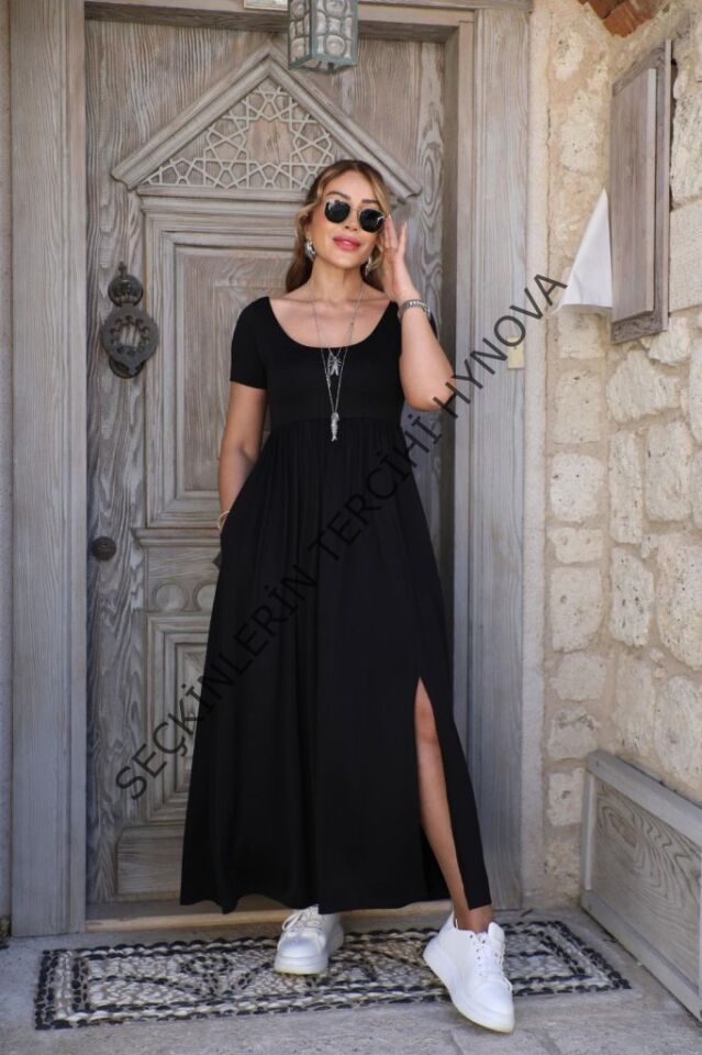 Kadın Kısa Kollu Yuvarlak Yaka önden Yırtmaçlı Cepli Viskon Uzun Elbise