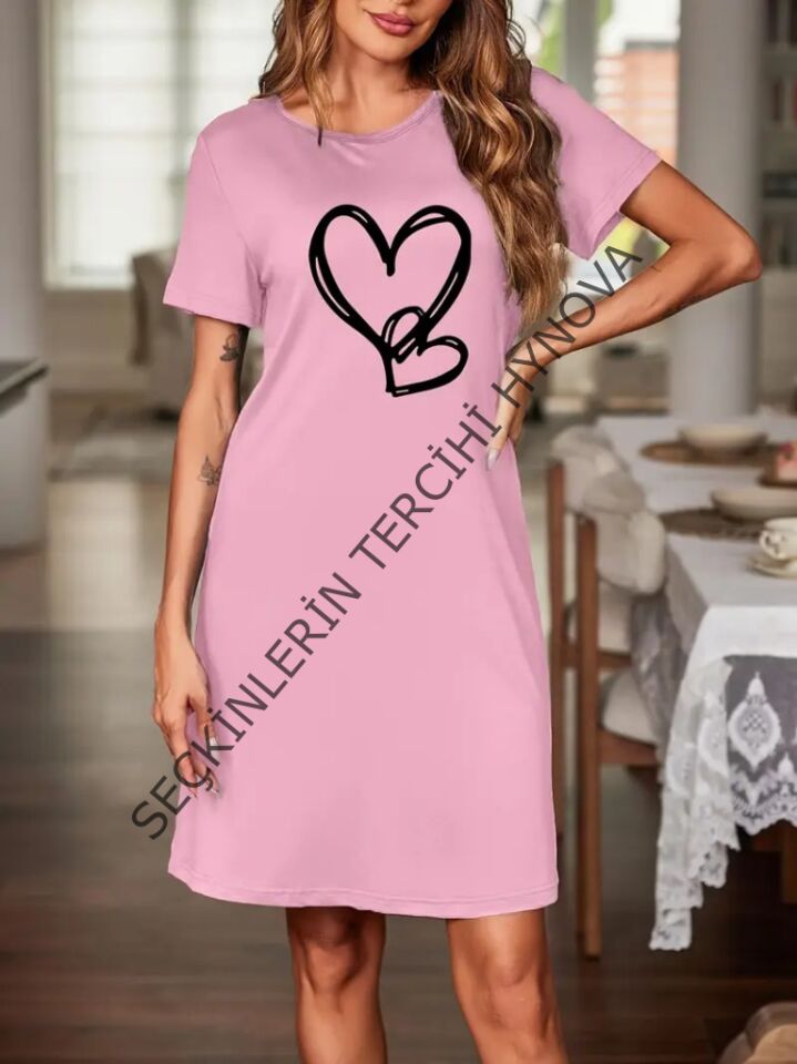 Kadın Kısa Kollu Bisiklet Yaka Kalp Desenli Viskon Elbise