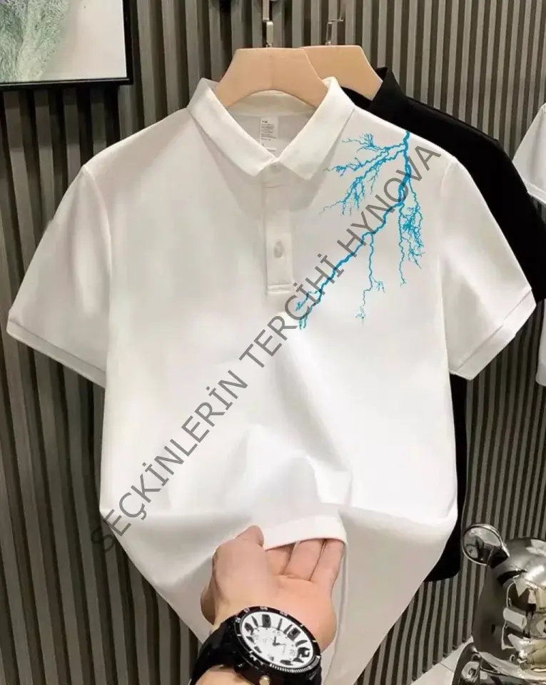 Unisex Yakası Düğmeli Oversize Baskılı T-Shirt - Beyaz